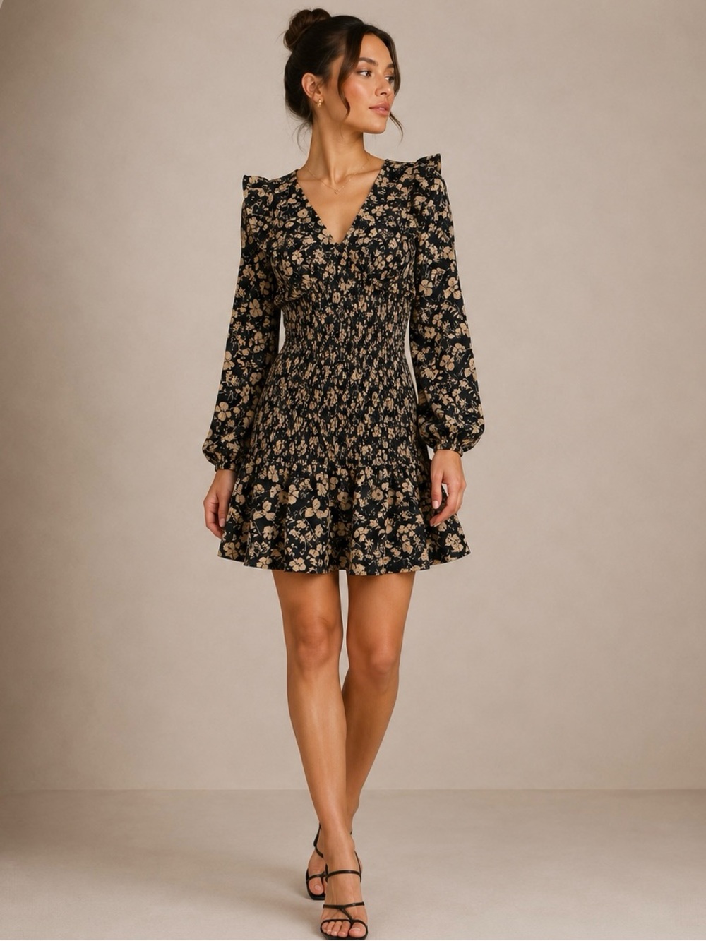 Sugarlips Black Floral Smocked V-Neck Mini Dress Size M